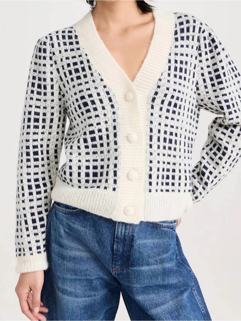Nation LTD Ivory and Navy Checked V-Neck Button Cardigan